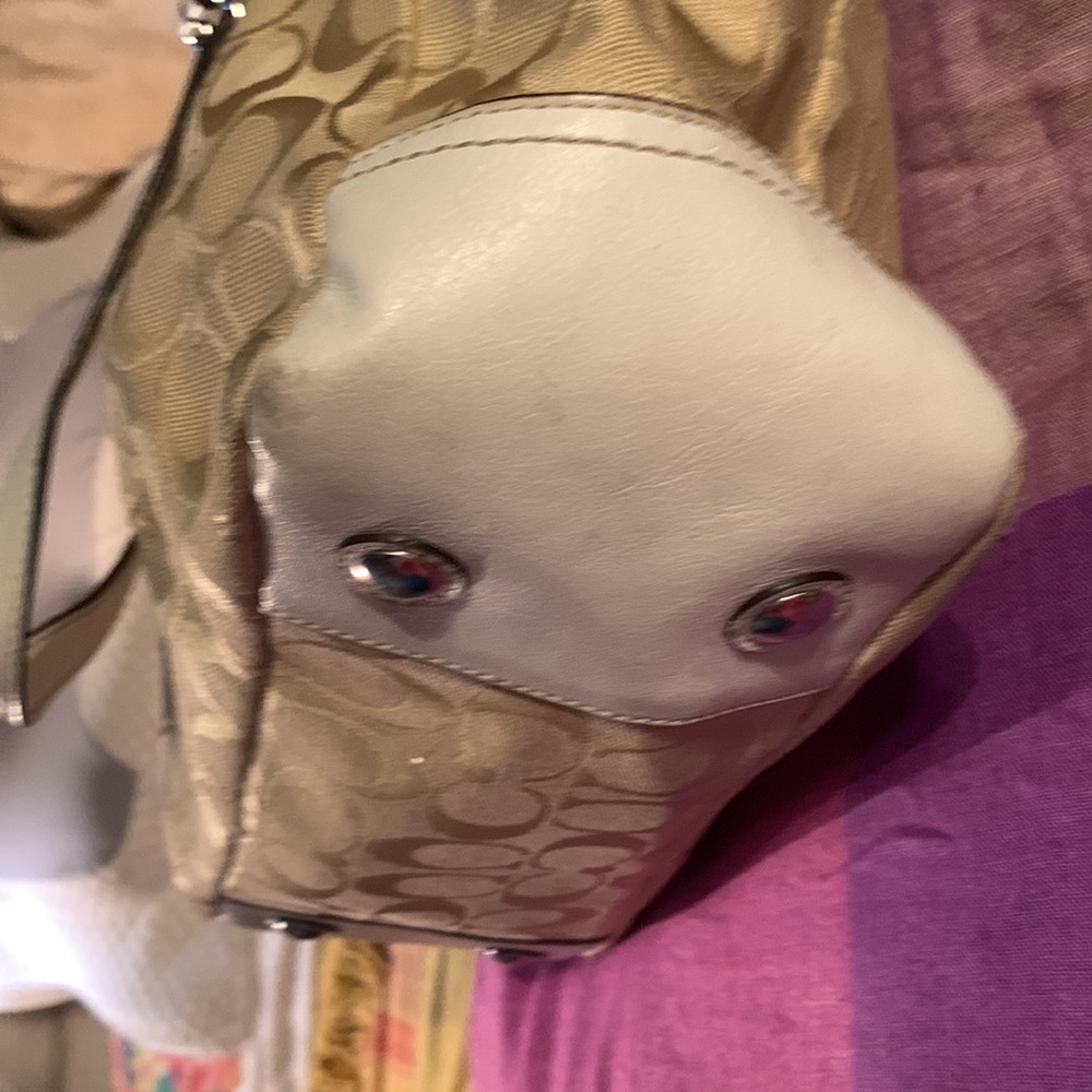 White and tan coach canvas with leather trim. - Picture 7 of 13